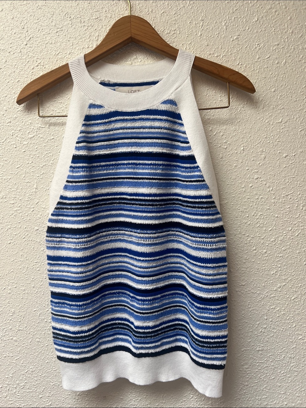 LOFT White Knit Halter Tank with Blue Stripes